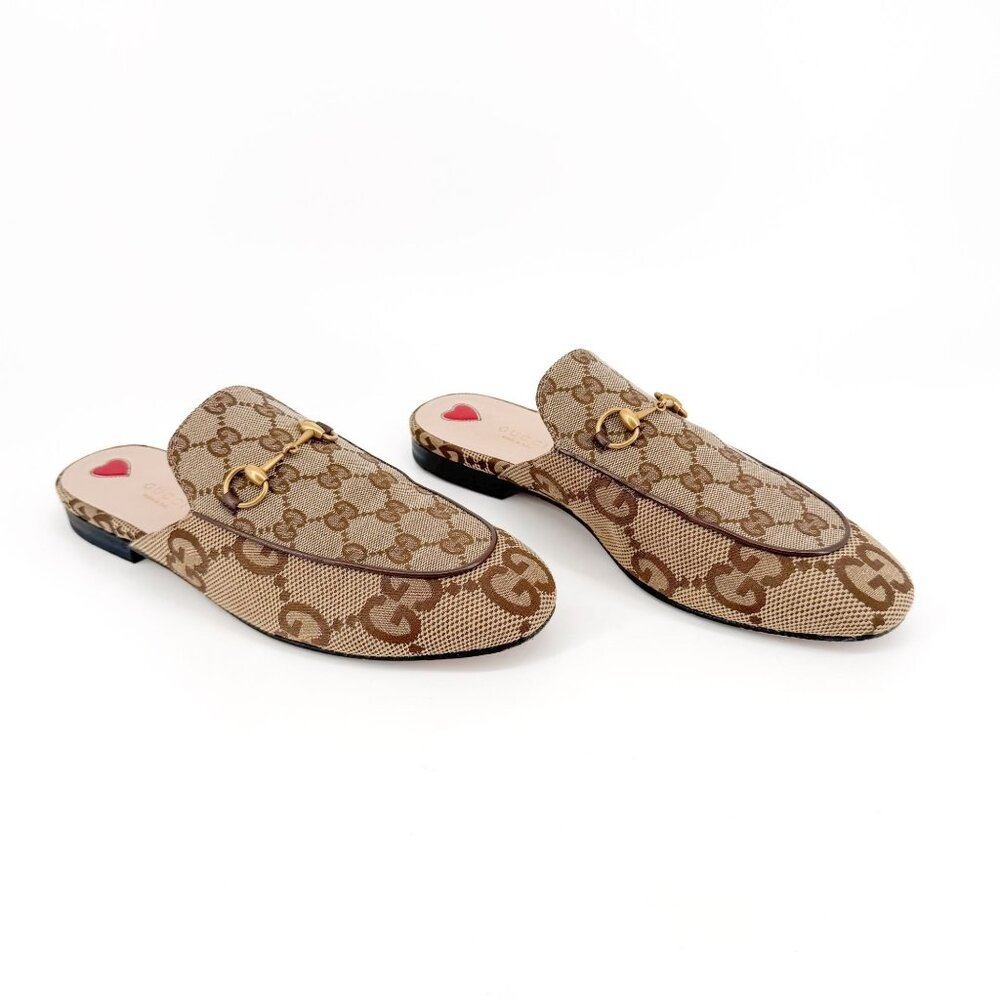 Gucci Beige Monogram Mules with Gold Accents